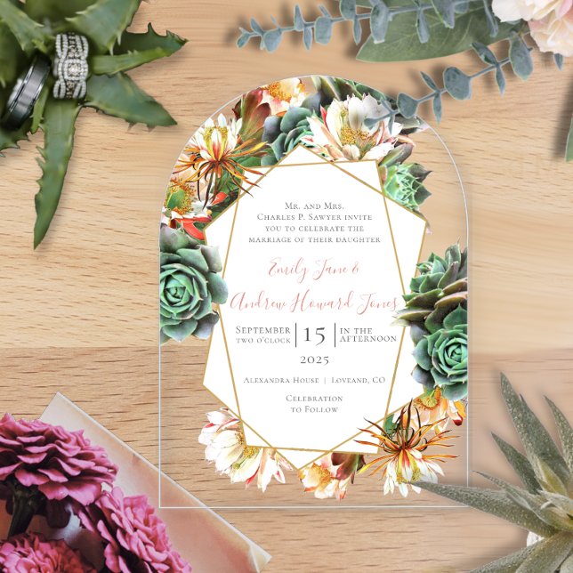 Desert Cactus Succulent Geometric Gold Wedding Acrylic Invitations (Creator Uploaded)