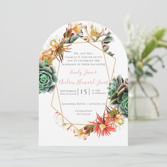 Desert Cactus Succulent Gold Geometric Invitation (Standing Front)