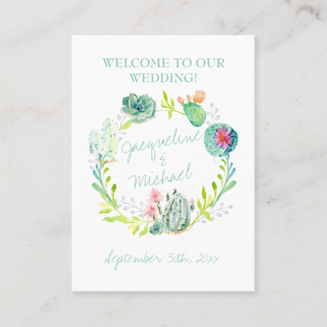 Desert Cactus Succulent Leaf Welcome Wedding Table Place Card (Front)