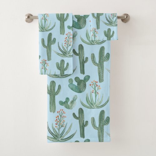 Desert Cactus Succulent Watercolor Pattern Blue Bath Towel Set