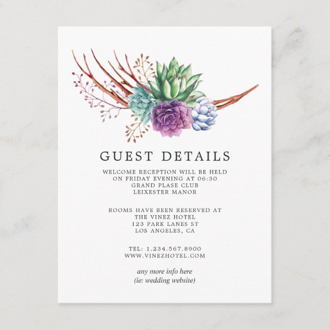 Desert Cactus Succulents Wedding Guest Details Enclosure Card (Front)