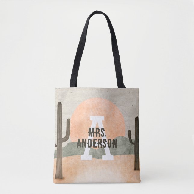 Desert Cactus Sun Personalized Initial Last Name  Tote Bag (Front)