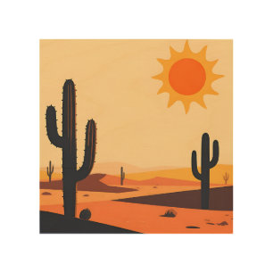 Desert Cactus Sunset Silhouette Wood Wall Art