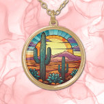 Desert Cactus Sunset Stained Glass Gold Plated Necklace<br><div class="desc">On these unique earrings is the beautiful image of desert cactus in front of a blazing sunset over purple mountains. Predominant colors include blue,  orange,  gold,  and green. Elegant,  bright,  and colorful! Be sure to see the matching earrings and key chain in our store.</div>