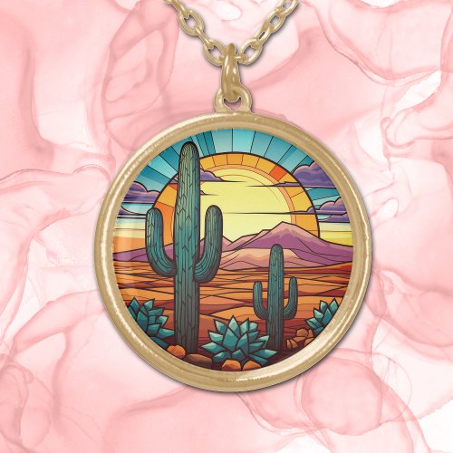 Desert Cactus Sunset Stained Glass Gold Plated Necklace