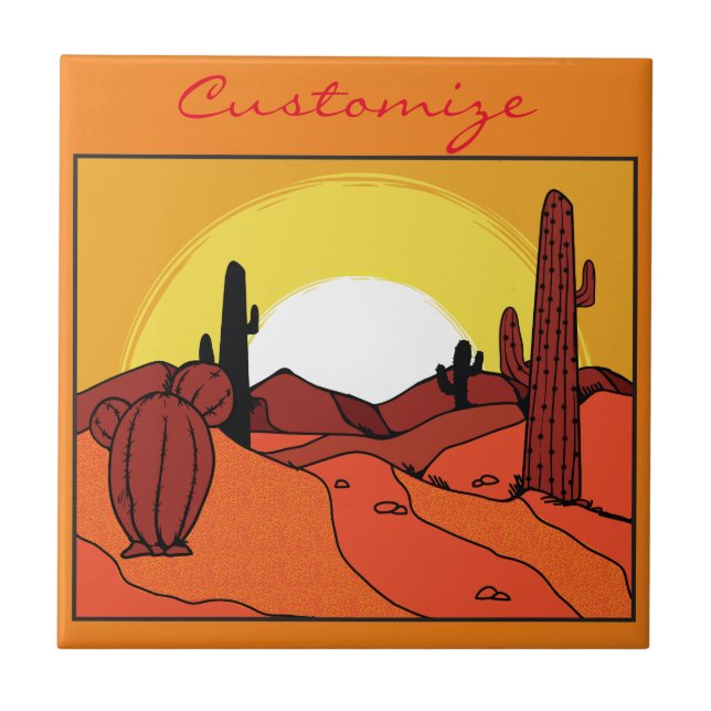 Desert Cactus Sunset Thunder_Cove Ceramic Tile (Front)