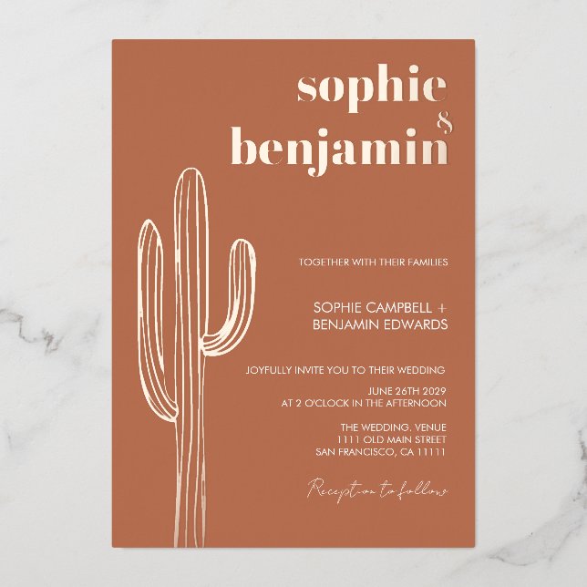 Desert Cactus Terracotta Retro Wedding Rose Gold Foil Invitation (Front)