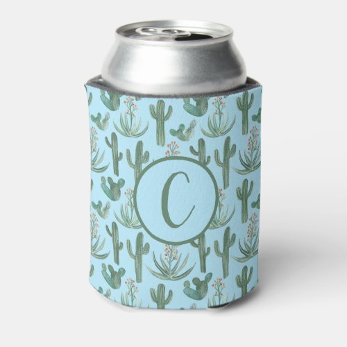 Desert Cactus Watercolor CUSTOM Initials Blue Can Cooler