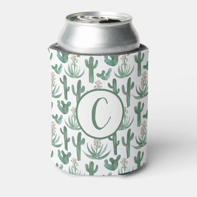 Desert Cactus Watercolor CUSTOM Initials White Can Cooler (Can Back)