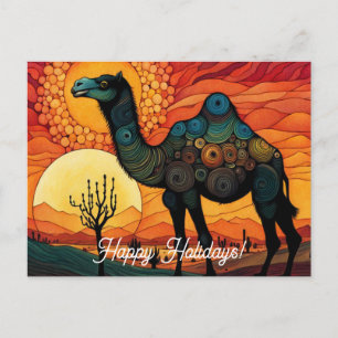 Desert Camel at Sunset Colorful Happy Holidays Postcard