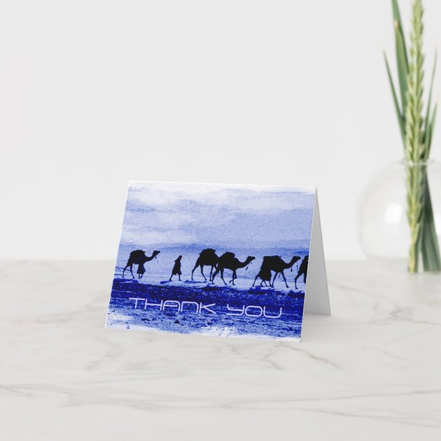 Desert Camel Caravan Blue Thank You Note Card (Front)
