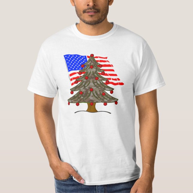 Desert Camo Christmas Tree With American Flag T-Shirt (Front)
