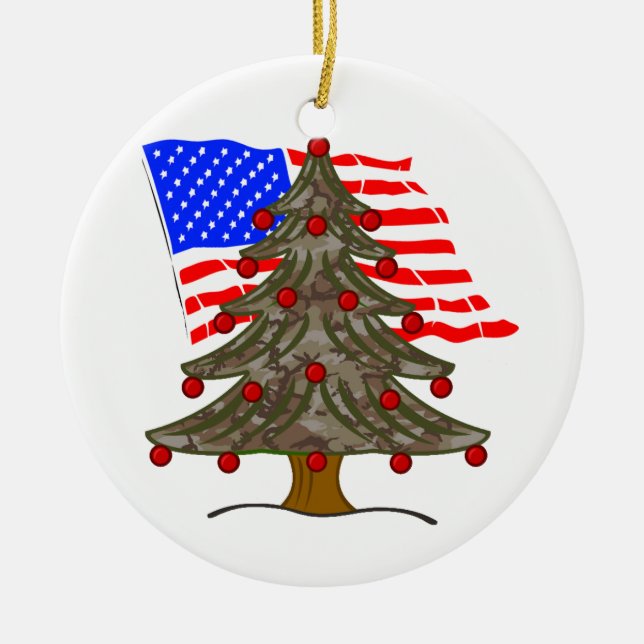 Desert Camouflage Christmas Tree w/American Flag Ceramic Ornament (Front)