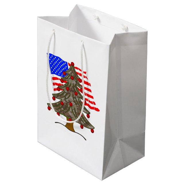 Desert Camouflage Christmas Tree w/American Flag Medium Gift Bag (Back Angled)