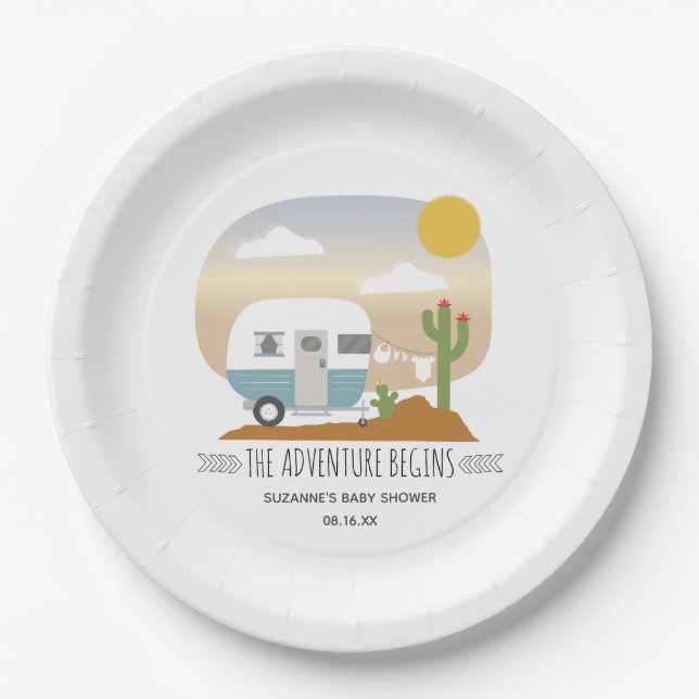 Desert Camper Clothesline Blue Baby Shower Paper Plates (Front)