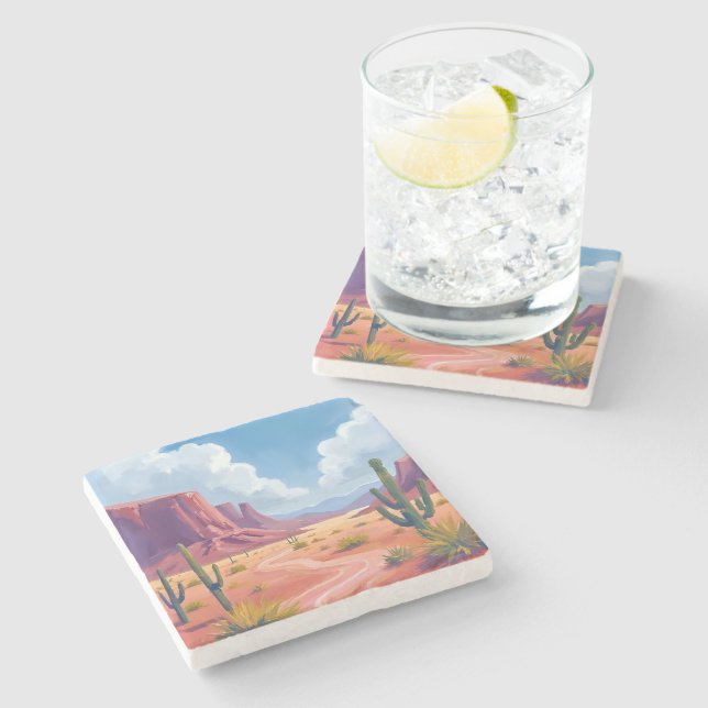 Desert Canyon | Cactus Nature Landscape Stone Coaster (Side)