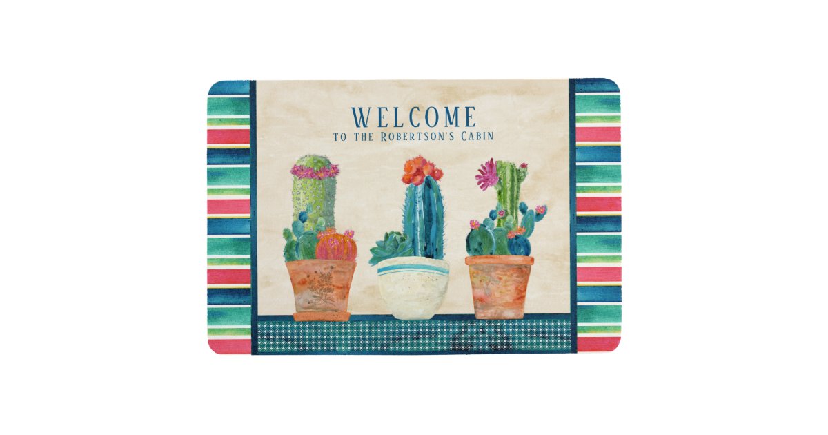 Desert Colorful Floral Cactus Welcome Sign Family Floor Mat