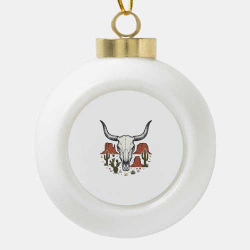 Desert Cow Skull Vintage Southwest Cactus Art Ceramic Ball Christmas Ornament