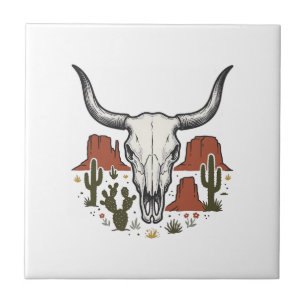 Desert Cow Skull Vintage Southwest Cactus Art Ceramic Tile