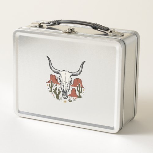 Desert Cow Skull Vintage Southwest Cactus Art Metal Lunch Box