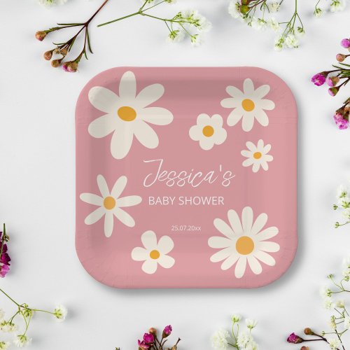 Desert daisy boho pink retro baby shower custom paper plates