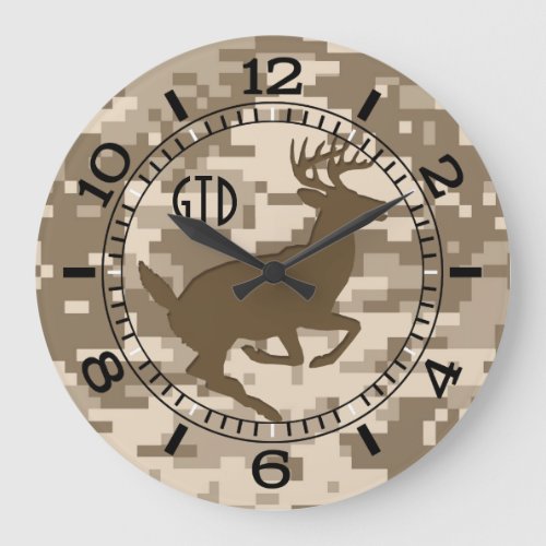 Desert Digital Camouflage Jumping Deer Monogram Large Clock