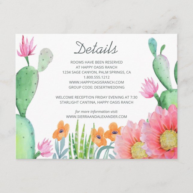 Desert Dream Rustic Cactus Flowers Wedding Details Enclosure Card (Front)