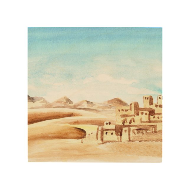 Desert Dunes African City Watercolor Wood Wall Art (Front)