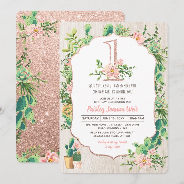 Desert Flower Glitter 1- First Birthday Invitation (Front/Back)