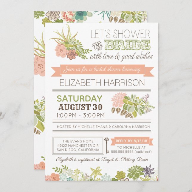 Desert Flower Succulent Bridal Shower Invitation (Front/Back)
