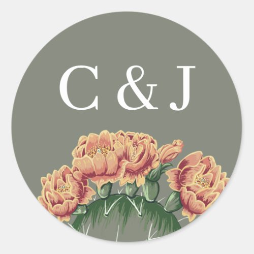 Desert Flowering Cactus Wedding Couples Initials Classic Round Sticker