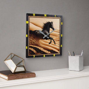 Desert Gallop: Charred Grain Arabian Square Wall Clock