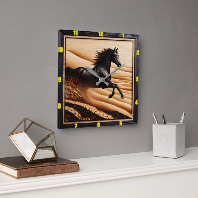 Desert Gallop: Charred Grain Arabian  Square Wall Clock (Office)