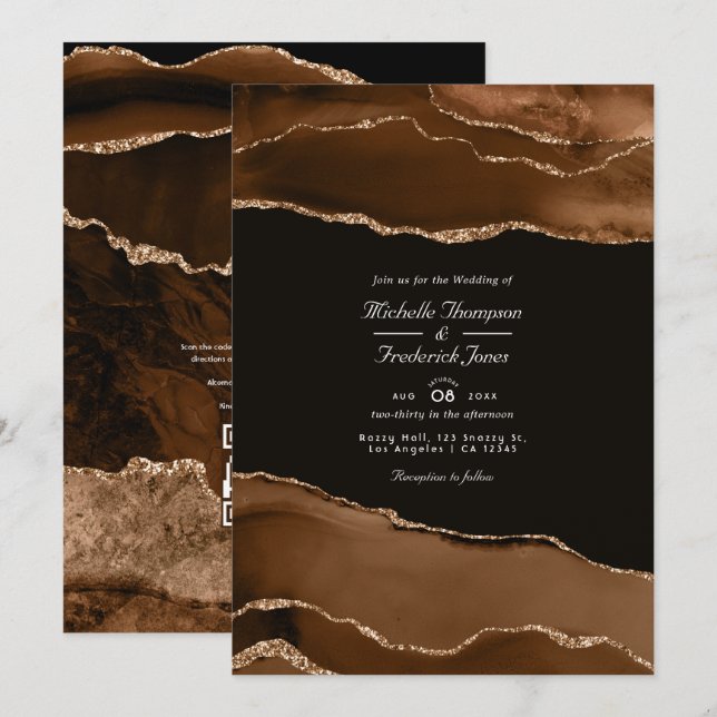 Desert Gold Agate Watercolor Wedding QR Code Rsvp  Invitation (Front/Back)