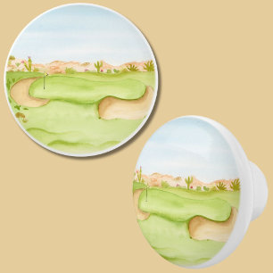 Desert Golf Course Watercolor Ceramic Knob