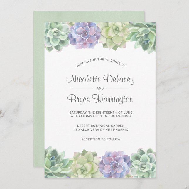 Desert Green and Purple Succulents Wedding Invitation (Front/Back)
