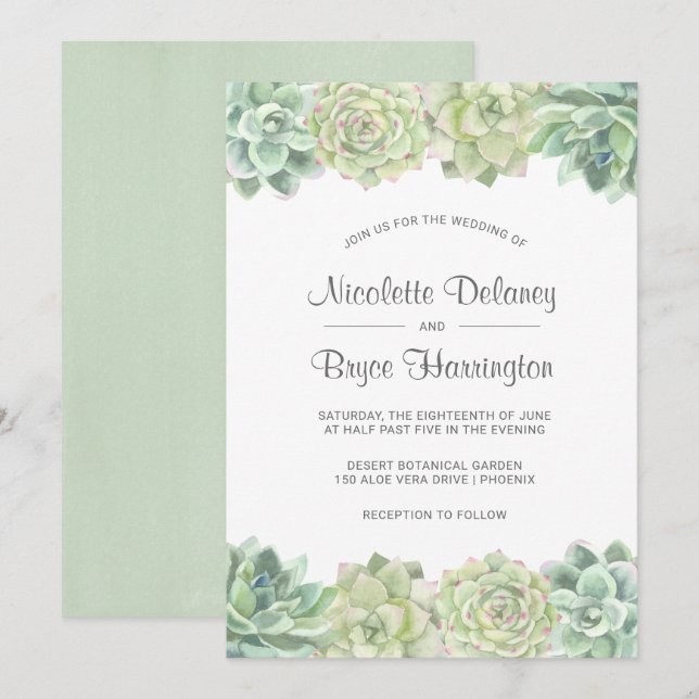 Desert Green Watercolor Succulents Wedding Invitation (Front/Back)