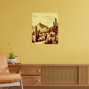 Desert landscape, cactus, sunrise, vintage Poster