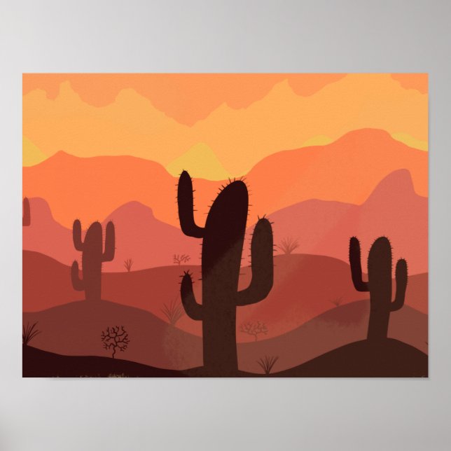 Desert Landscape Drawing with Plants Poster (Front)