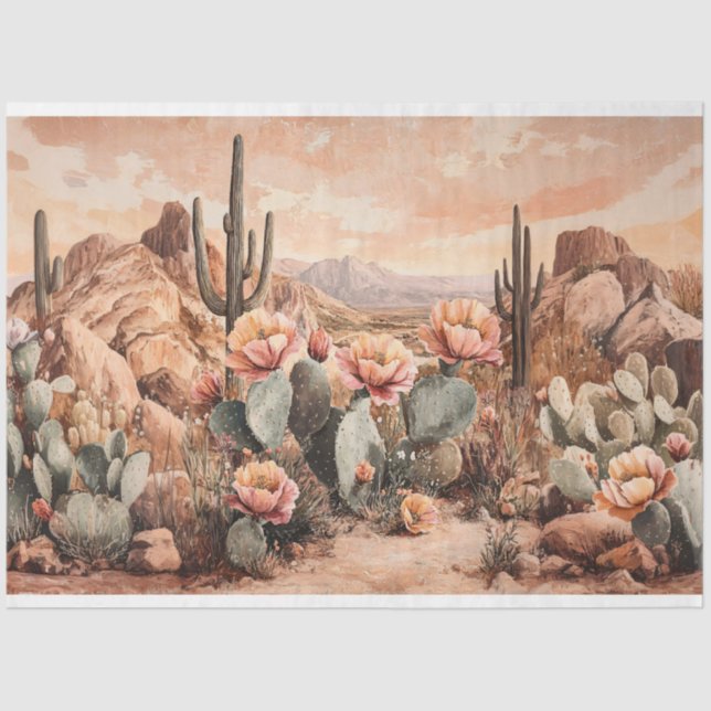 Desert Landscape with Blooming Cacti Decoupage Tissue Paper (Front)