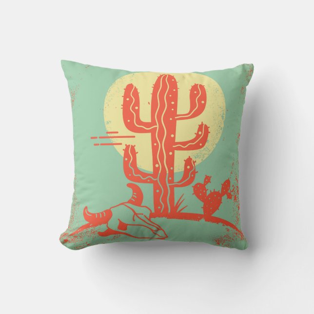 Desert landscape with Cactuses and cow skull. Vint Throw Pillow (Front)