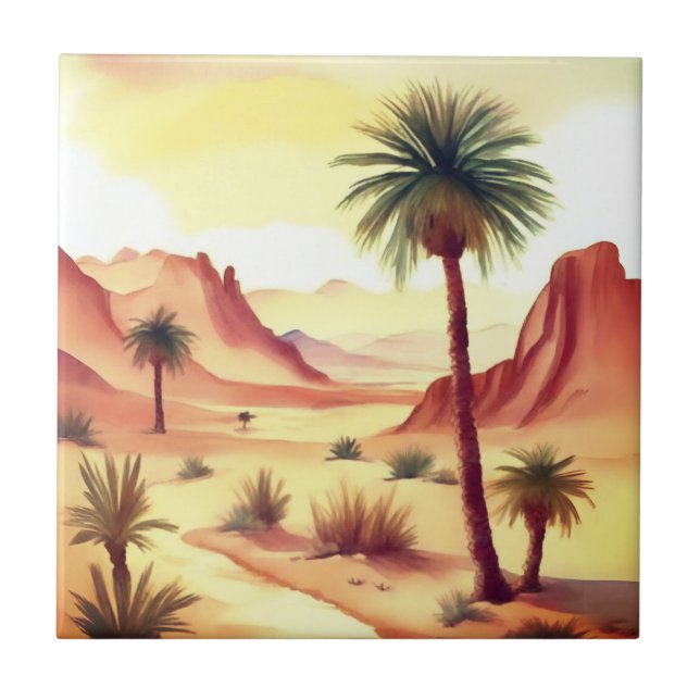 Desert Landscape with Date Palms Ceramic Tile (Front)