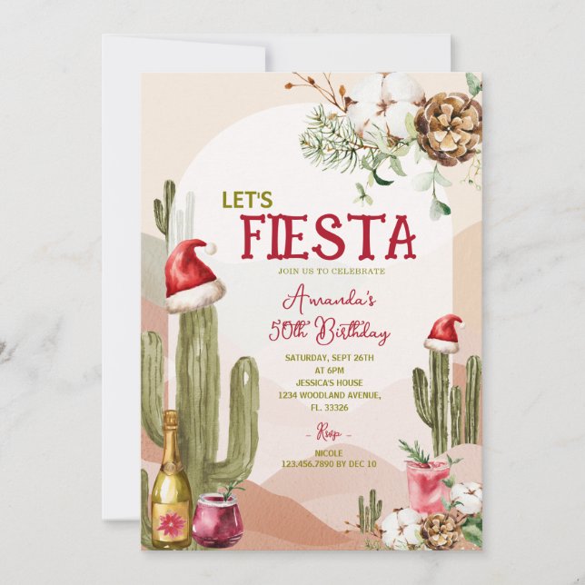 Desert Let's Fiesta Cactus Christmas 50th Birthday Invitation (Front)