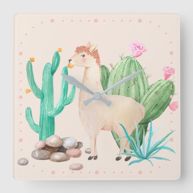 Desert LIama Cactus Flowers Square Wall Clock (Front)