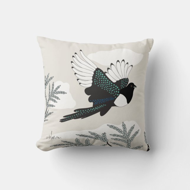 DESERT LIFE Magpie stylized with sage Throw Pillow (Front)