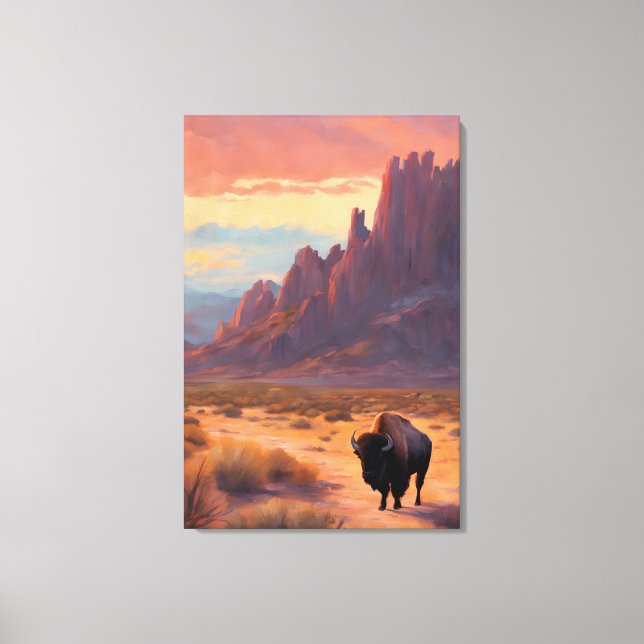 Desert Lone Buffalo Colorful Sunrise Art Landscape Canvas Print (Front)