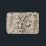 Desert Maccabee Shield And Spears Bathroom Mat<br><div class="desc">A military brown "subdued" style depiction of a Maccabee's shield and two spears on a desert camo background. The shield is adorned by a lion and text reading "Yisrael" (Israel) in the Paleo-Hebrew alphabet. Text reading "Maccabee" in modern Hebrew also appears. The Maccabees were Jewish rebels who freed Judea from...</div>