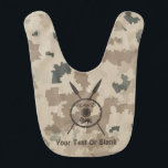 Desert Maccabee Shield And Spears Bib<br><div class="desc">A military brown "subdued" style depiction of a Maccabee's shield and two spears on a desert camo background. The shield is adorned by a lion and text reading "Yisrael" (Israel) in the Paleo-Hebrew alphabet. Add your own text. The Maccabees were Jewish rebels who freed Judea from the yoke of the...</div>