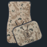 Desert Maccabee Shield And Spears Car Mat<br><div class="desc">A military brown "subdued" style depiction of a Maccabee's shield and two spears on a desert camo background. The shield is adorned by a lion and text reading "Yisrael" (Israel) in the Paleo-Hebrew alphabet. Hebrew text reading "Maccabee" also appears. The Maccabees were Jewish rebels who freed Judea from the yoke...</div>