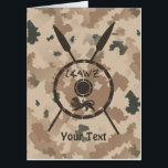 Desert Maccabee Shield And Spears Card<br><div class="desc">A military brown "subdued" style depiction of a Maccabee's shield and two spears on a desert camo background. The shield is adorned by a lion and text reading "Yisrael" (Israel) in the Paleo-Hebrew alphabet. Add your own additional text. The Maccabees were Jewish rebels who freed Judea from the yoke of...</div>
